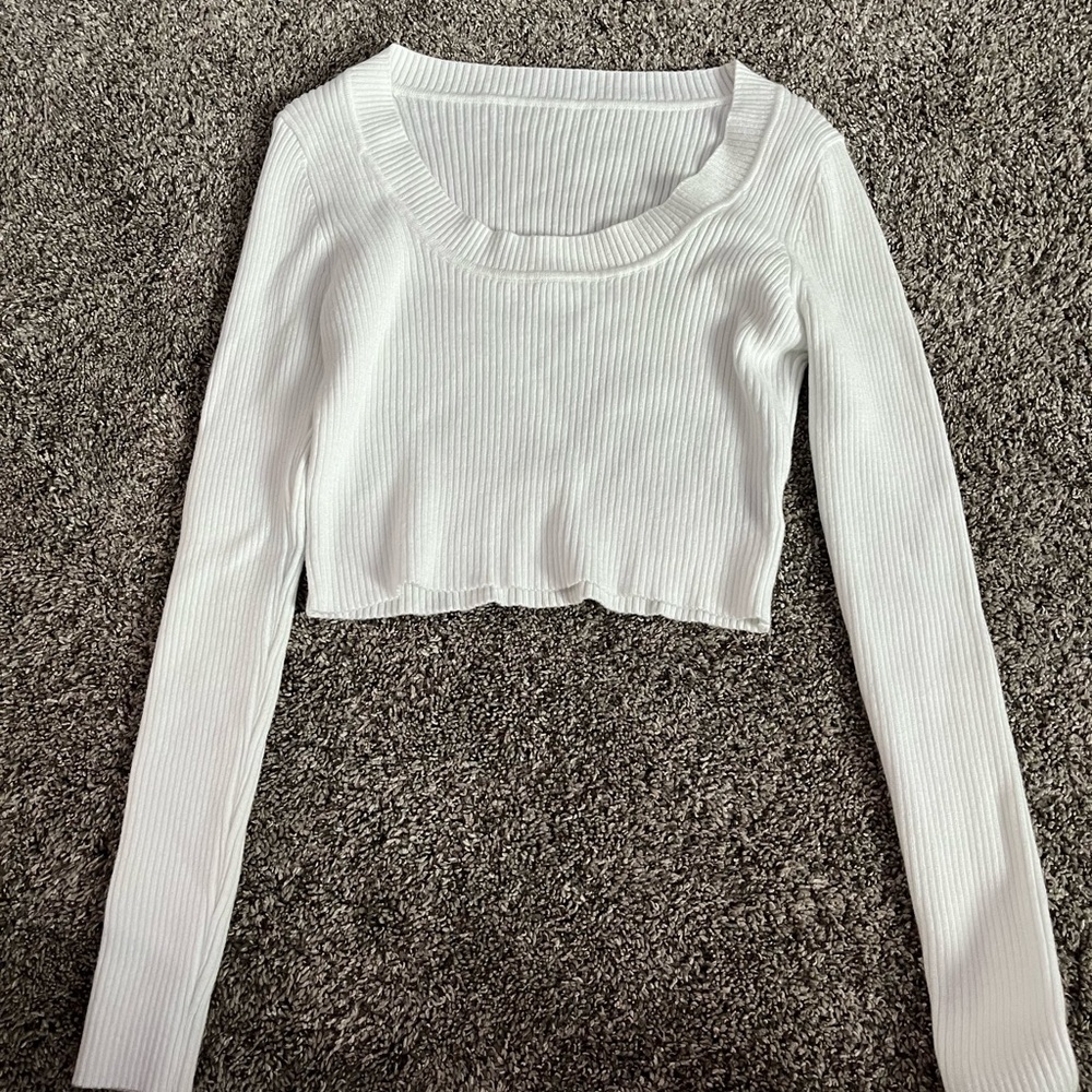 White Ribbed Long Sleeve Crop Top